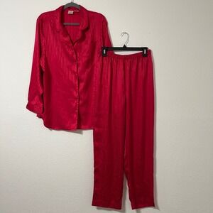 Sophia By Delicates Red Satin Pajama Set Large Striped Lounge‎ Sleepwear VTG
